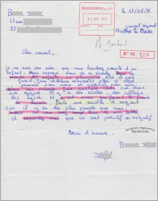 Courrier envoyé par un enfant au Président du Conseil régional (1996) 