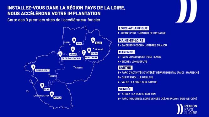 Installez-vous dans la région Pays de la Loire, nous accélérons votre implantation. Loire Atlantique : Grand Port à Montoir de Bretagne. Maine-et-Loire : ZA de Bois Cochin à Ombrée d'Anjou. Mayenne : Parc Grand Ouest à Laval, Séché à Longuefuye. Sarthe : Parc d'activités d'intérêt départemental à Maresché, Ouest Park à Le Bailleul, VALEO à La Suze-sur-Sarthe. Vendée : ATINEA à LA Roche-sur-Yon, Parc Industriel Loire Vendée Océan : Bois-de-Céné